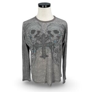 MMA Elite Y2K Mens Gray Skull Cross Waffle Knit Thermal Long Sleeve Shirt L